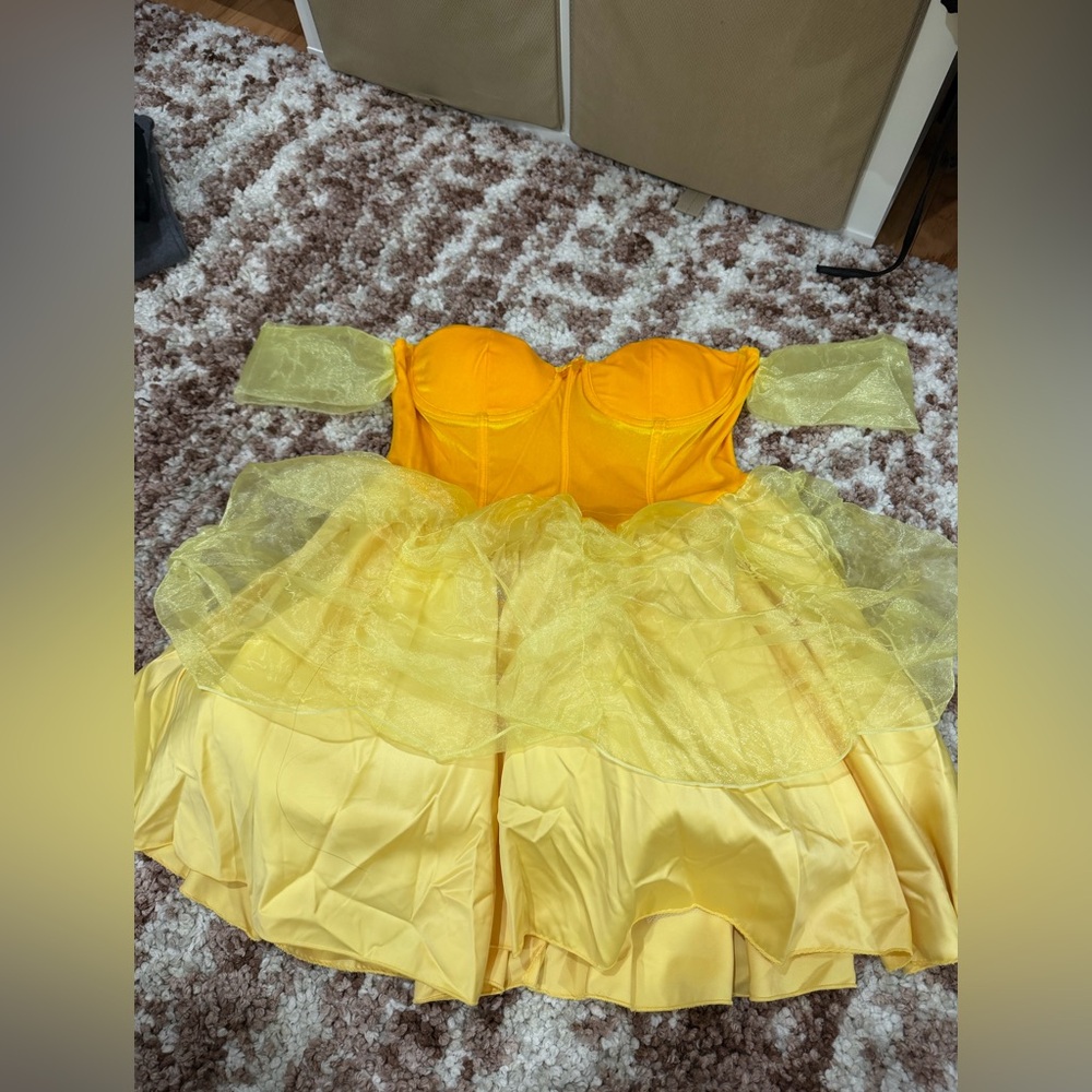 Yellow Off-Shoulder Dress with Sheer Overlay